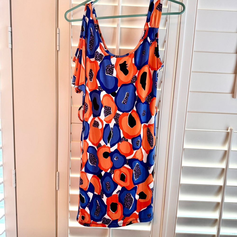 Purple Rain Retro Mod Floral Cold Shoulder Mini Dress Orange Blue Size‎ Large